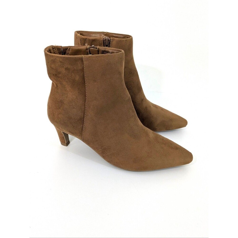Brown Kitten Heel Microfiber Ankle Boots - Size 7.5 Womens - Faux Suede Booties